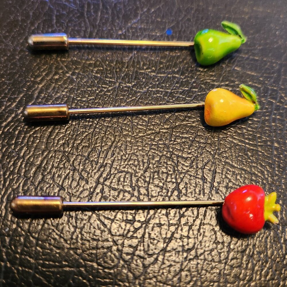 3 Vintage Hat/Lapel pins apple pear 50s/60s